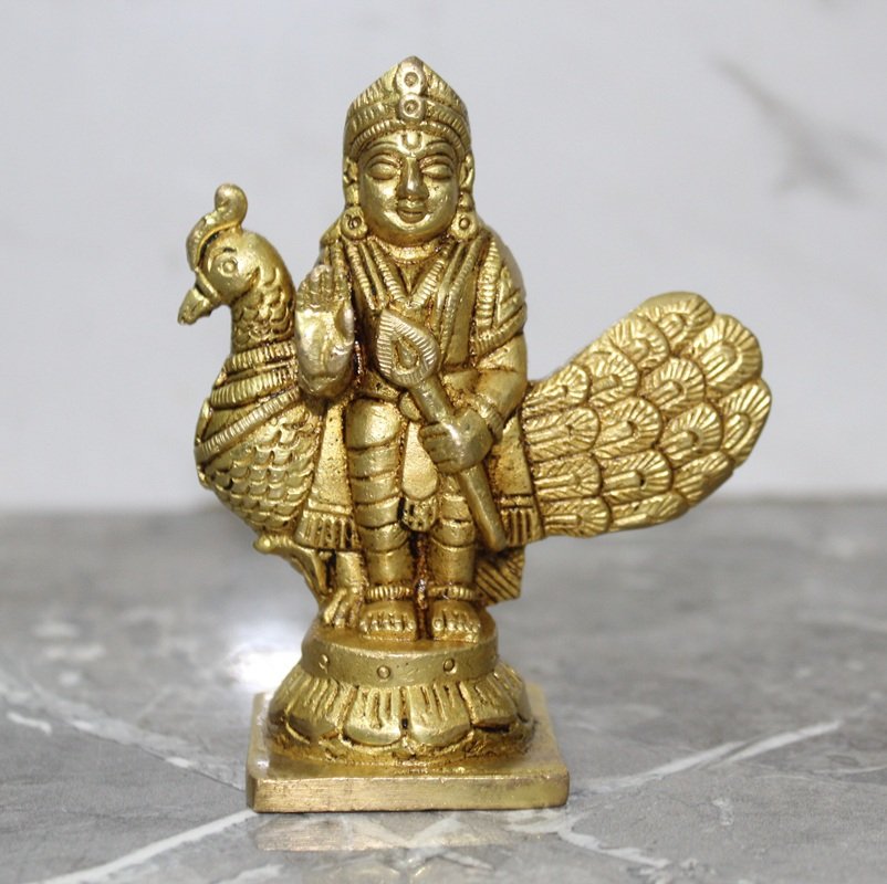 Brass Fine Kartikeya Murugan Idol Seated on Peacock - 420 gm