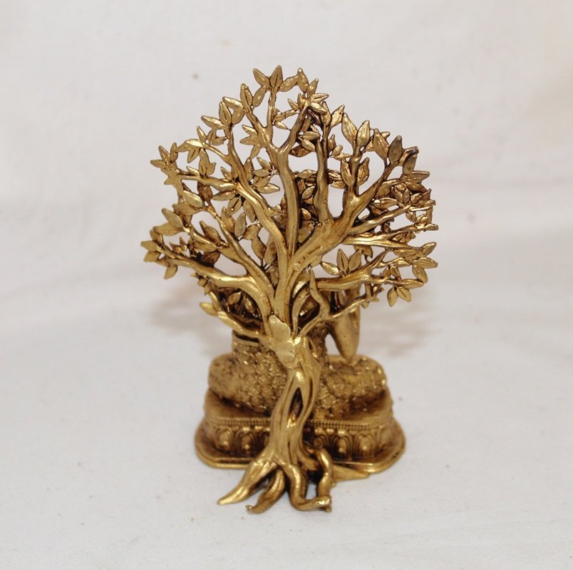 Brass Buddha Under Bodhi Tree – Enlightenment Idol on Lotus Base