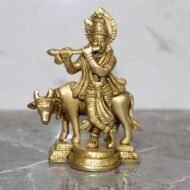 Handcrafted Brass Krishna Playing Flute with Cow – 510 gm