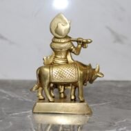 Handcrafted Brass Krishna Playing Flute with Cow – 510 gm - Image 2