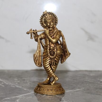 Intricately Carved Brass Krishna Playing Flute Idol – 210 gm