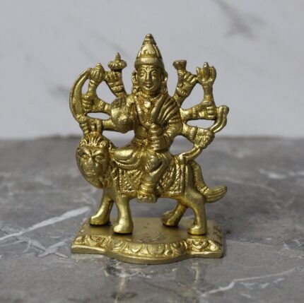 Handcrafted Brass Goddess Durga Idol – Maa Durga Riding Lion Murti with Multiple Arms - 280 gm