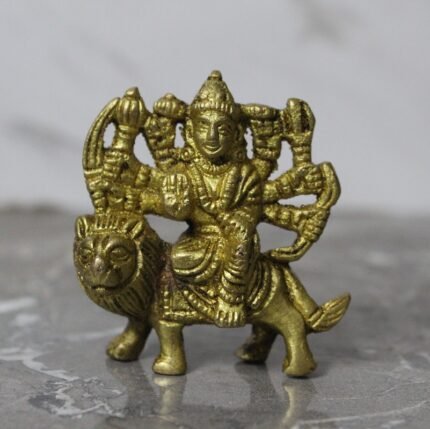 Handcrafted Brass Durga Mata Idol – Eight-Armed Goddess Riding Lion - 140 gm