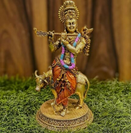 Premium Brass Lord Krishna with Cow Idol – 19 cm Handcrafted Decorative & Pooja Statue - 560 gm