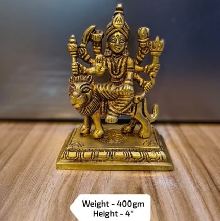 Brass Maa Durga Idol Sitting on Lion – 4 Inch Pooja & Home Décor Statue - 400 gm