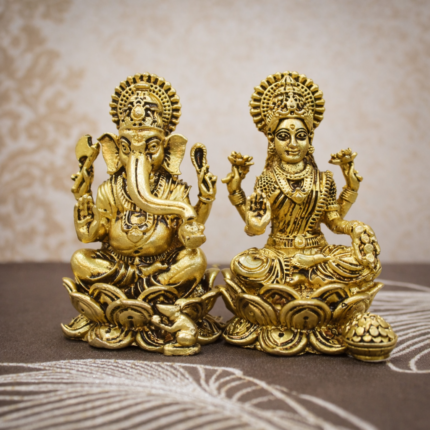 Handcrafted Brass Lakshmi Ganesha Idol Set on Lotus - 200 gm