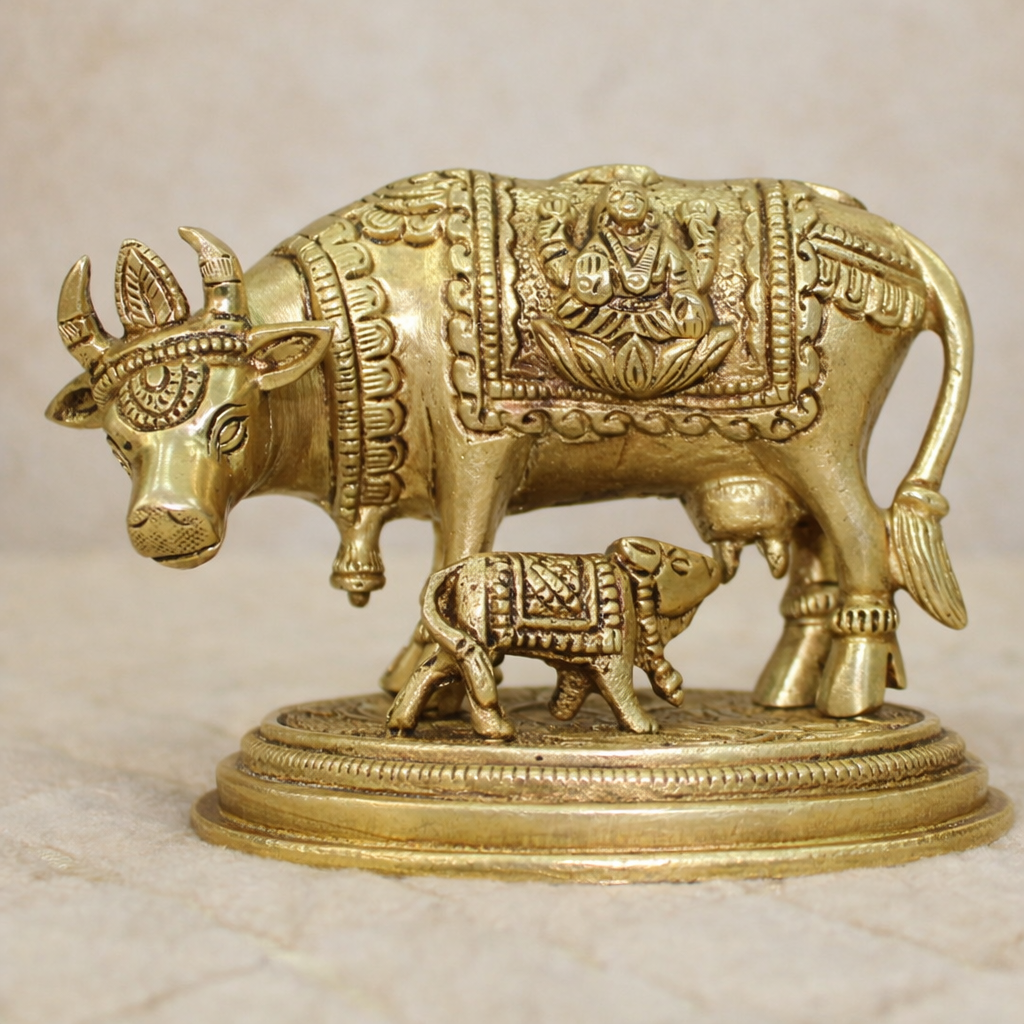 Kamdhenu1.1 Brass Kamdhenu Cow and Calf Idol – 790 gm - Image 1