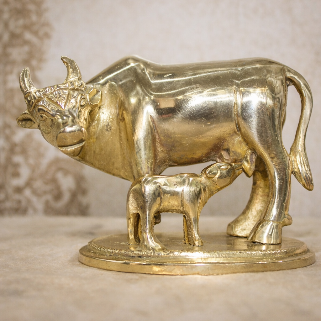 Kamdhenu2.1 Brass Kamdhenu Cow and Calf Idol – 900 gm - Image 1